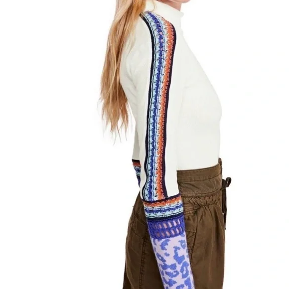 Free People White Top with Blue and Orange Accents - Picture 3 of 5